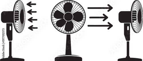 Pedestal fans display airflow patterns with directional arrows to demonstrate cooling efficiency and mechanical ventilation in a clear, graphical format.