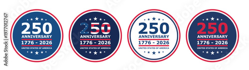 250 anniversary us badges set in patriotic style. Collection of labels, stickers and emblems for Independence Day, banners and celebration designs