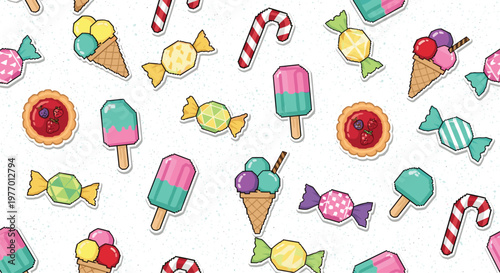 Fun colorful pattern of various candy stickers, ice cream cones, popsicles, and fruit tarts on a white speckled background.