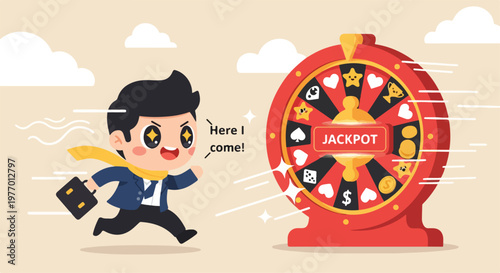 Cartoon character dressed as a businessman running towards a colorful spinning jackpot wheel for gambling or gaming