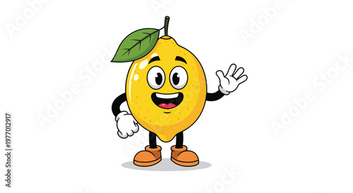 Happy yellow lemon cartoon character with arms and legs waving hello isolated on white background for children design.