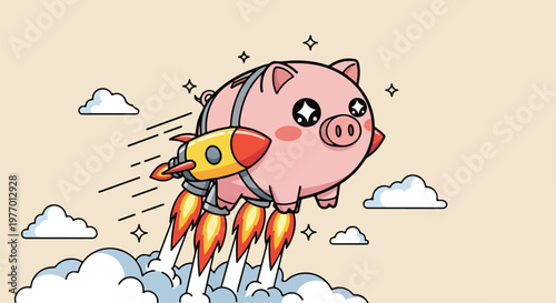 Cute cartoon pig flying through the sky with rocket boosters and fluffy clouds in a playful illustration
