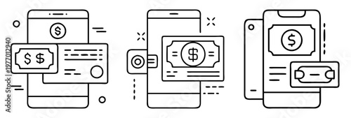 Digital finance transactions shown on mobile phones in minimalist line art
