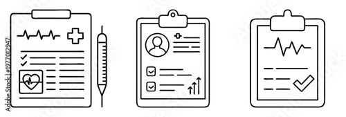 Three black and white clipboards featuring health care related symbols