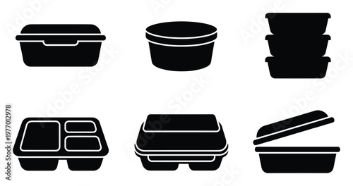 Collection of diverse food storage and takeout container icons for meal preparation, delivery service, and kitchen organization visuals