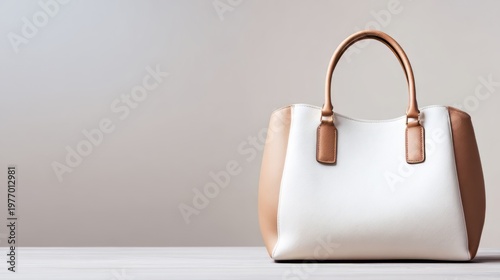 Stylish white leather handbag on table. Modern female accessory with handle for daily use. Fashionable elegance for business or casual outfit. Luxury designer bag object presentation.