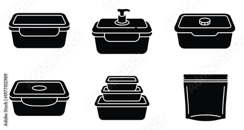 Diverse black silhouette icons of food storage containers with lids, a pump dispenser bottle, and a standup pouch, suitable for illustrating kitchen organization, meal prep, and packaging