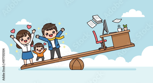 Happy family of four enjoying a playful boat ride on a seesaw in a bright outdoor setting with clouds