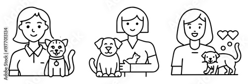 Line art illustration of women with their pets, fostering pet adoption