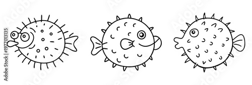 Simple black and white line drawing of three cartoon pufferfish characters