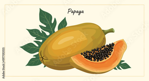 Whole ripe papaya fruit and a slice filled with black seeds isolated on a light cream background with green leaves.