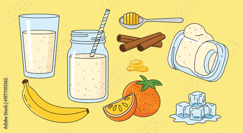 Selection of ingredients for a healthy banana orange smoothie including milk, cinnamon, honey, ice cubes, and yogurt.