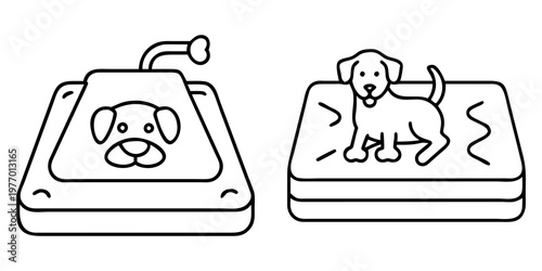 Outline drawings of a dog on a bed and a bed with dog decoration