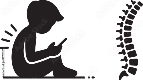 Child sitting with poor posture while using a mobile device highlights potential spinal health issues and skeletal alignment concerns for growing youth.