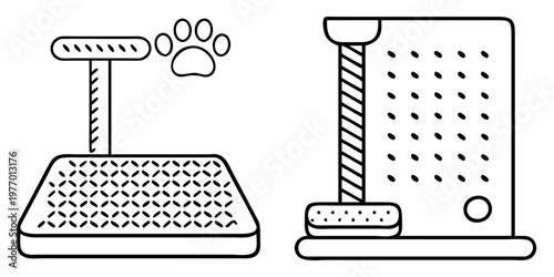 Two outlined cat trees with a paw print on the left side