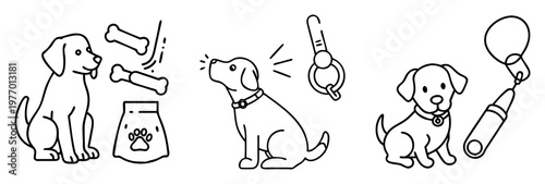 Cute cartoon illustrations of dogs with dog treats, leash, and other supplies