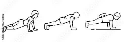 Illustration of three stick figures performing pushups, showing different stages of the exercise