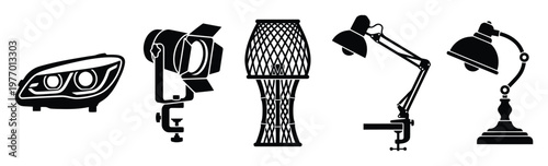 Variety of lighting fixtures showcasing a modern car headlight, adjustable photography studio light, intricate woven floor lamp, and classic table lamps suitable for product display