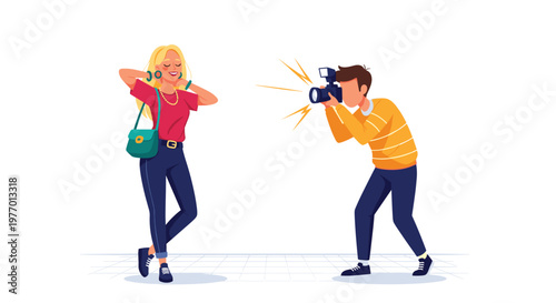 Professional male photographer taking a picture of a beautiful blonde woman posing in stylish clothes on a white background.