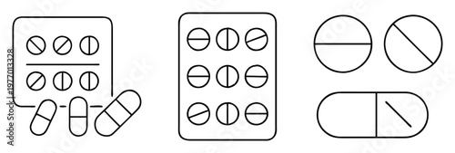 Simple line art depicting pills and capsules including blister packs