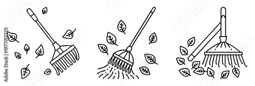 Three different styles of leaf rake with leaves, black and white line art