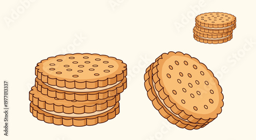 Stack of round golden sandwich biscuits with cream filling and a single tilted biscuit isolated on a light background.
