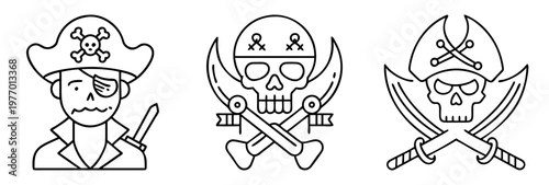 Set of Pirate Illustrations in Outlined Style with Skull and Swords