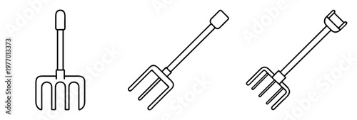 Three outline drawings of a gardening fork with different handle designs