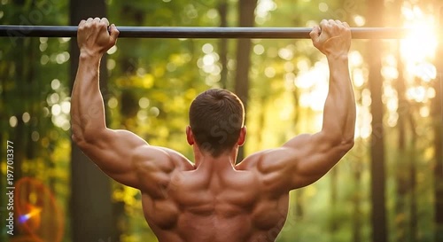 Muscular man doing pull-ups outdoors against blurred green trees with lens flare