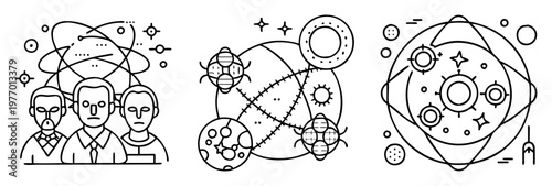 Abstract monochrome scienceinspired illustration depicting thinkers, planets, and outer space elements