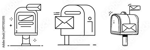 Diverse Mailboxes Line Art Illustration Emphasizing Correspondence and Delivery Services