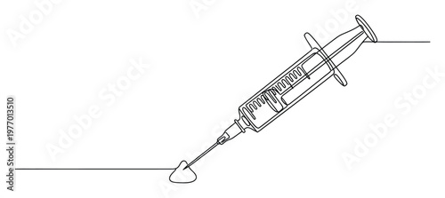 Continuous line drawing of a medical syringe with a sharp needle and a liquid drop, ideal for health care advertising, minimalist medical illustrations, and educational materials.