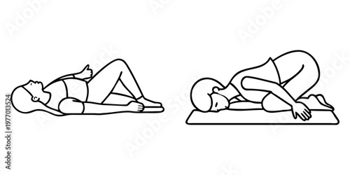 Stylized line drawing showing yoga poses, relaxing and forward fold positions