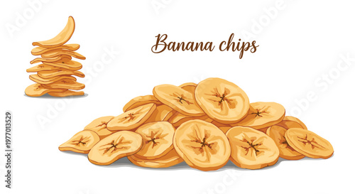 Large pile of crispy dried banana chips and a small stack isolated on white background for healthy snack packaging.