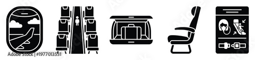 Air travel related glyph icons showing airplane cabin interior elements like window, seats, overhead bin, and safety card, perfect for transportation related infographics and application