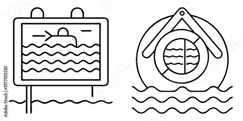 Minimalist outline illustration of a swimming area sign and life preserver