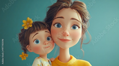 A 3D cartoon-style vector icon depicting a woman with a child.