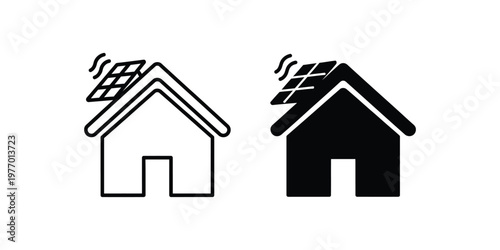 Two set black and white house with solar panels and heat waves