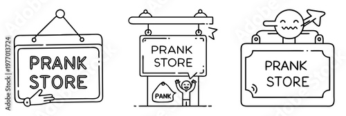 Outlined illustrations displaying prank store signage with different styles and decoration