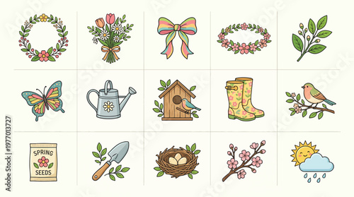 Spring themed icons featuring flowers, gardening tools, birds, and seasonal motifs