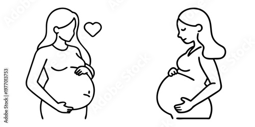 Two minimalist pregnant women in outline style with focus on the womb