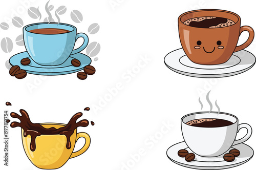 Coffee Cup Illustration Set Featuring Steam, Coffee Beans, and Playful Designs in Various Colors