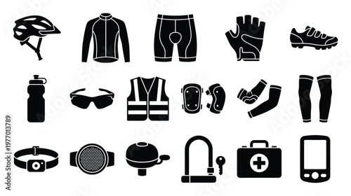 A comprehensive collection of cycling equipment and safety gear icons, featuring helmets, apparel, protective pads, and accessories, suitable for sports promotions, informational graphics,