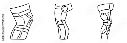Three orthotic knee braces in an outlined cartoon style for physical therapy