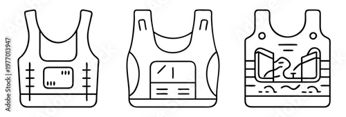 Illustration of three bulletproof vests with different pouches and designs in black outline