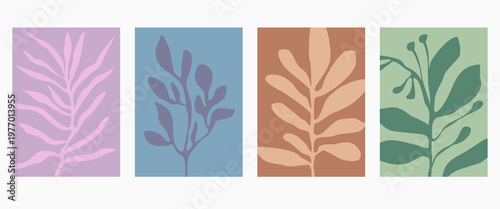 Set of abstract foliage poster vector design. Leaves, flower, organic shapes with earth tone colors. Illustration design for Eco packaging, interior, cover, wall art, wallpaper