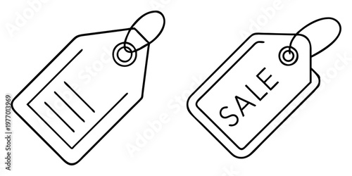 Black and white outline of two sales tags for prices and discounts