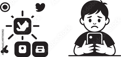 Sad child character holds a mobile phone while abstract social media network icons surround the figure representing digital life and online communication stress.