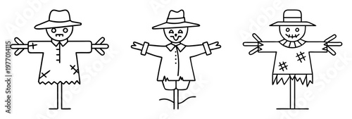 Three line art cartoon scarecrows with hats and raggedy clothing