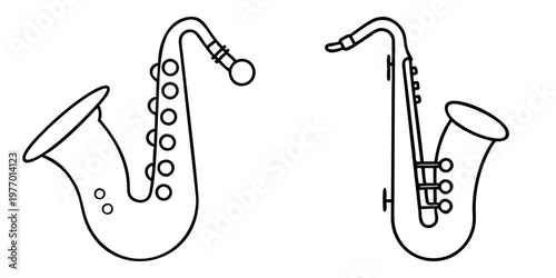 Line drawing illustration of two saxophones in distinct simplistic styles